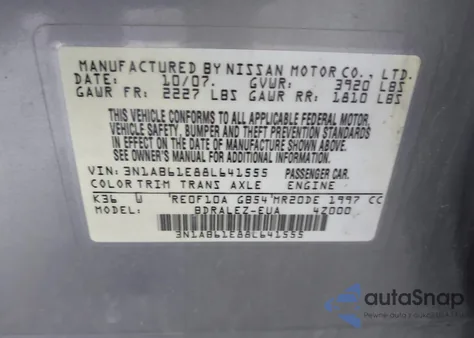 2008 Nissan Sentra 2.0/2.0S/2.0Sl z USA, uszkodzony, nr VIN 3N1AB61E88L641555